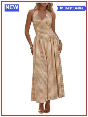 Women's Halter V Neck Corset Maxi Dress Summer Plaid Smocked A-Line Sleeveless